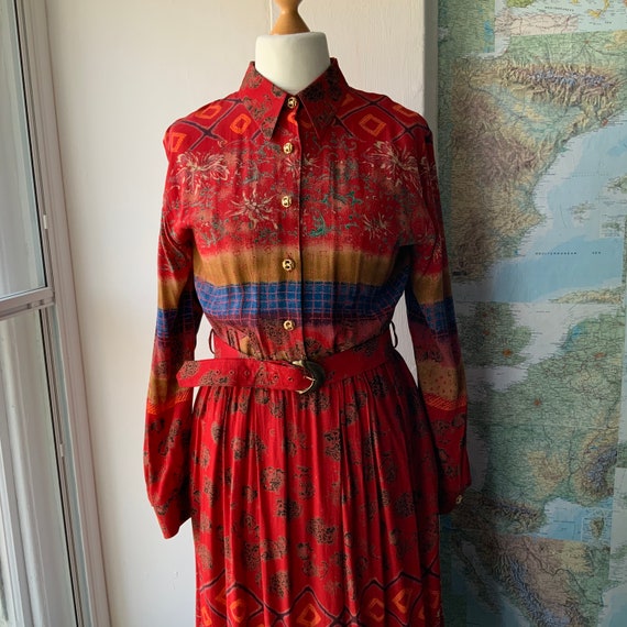 Vintage 80s UK 16 shirtdress by Cipriani. Red shi… - image 3