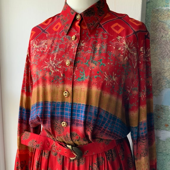 Vintage 80s UK 16 shirtdress by Cipriani. Red shi… - image 7