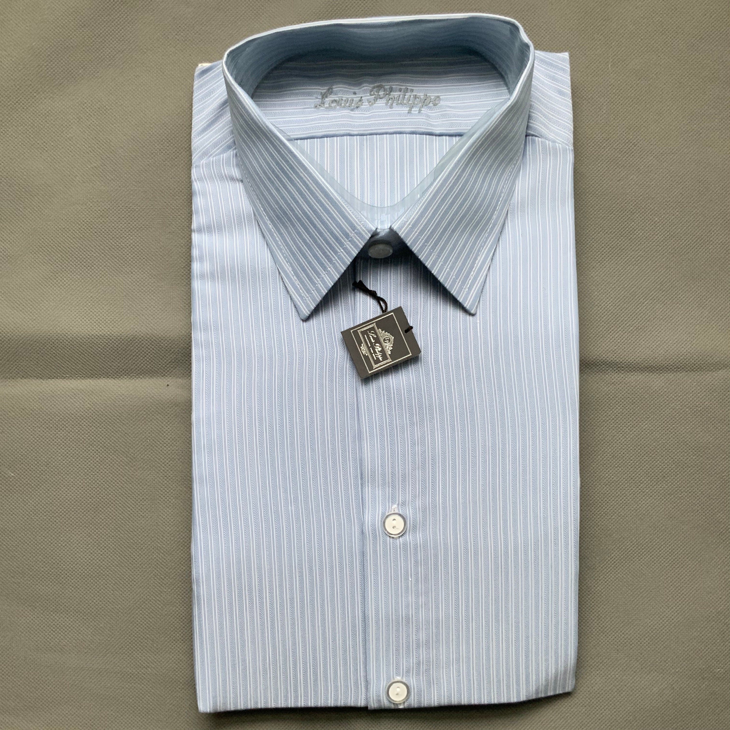 Image of Vintage Louis Philippe Savile Row Shirt, 16" 41 cm Collar, Light Blue Herringbone Stripe Poly Cotton Mix. Full Cut