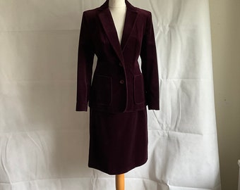 Vintage burgundy velvet suit, Miss Smith Cotton velvet skirt suit. UK size 14