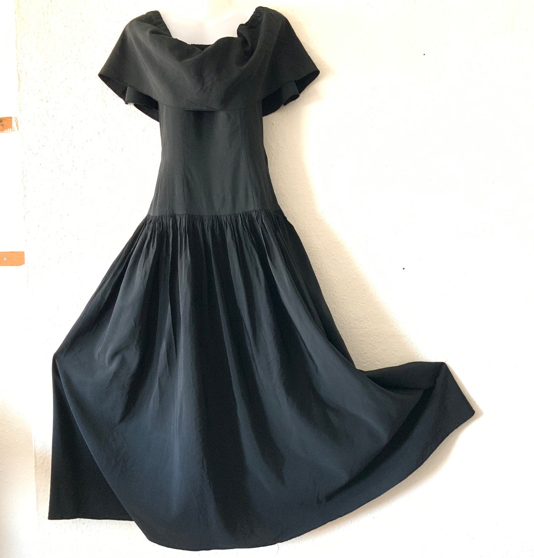 Vintage Black Grosgrain Maxi Dress Shoulder Frill S UK 8 - Etsy UK