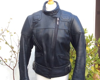 Vintage black leather biker jacket, ladies UK 14 US 10 EU 42, Sportex, Made in England.