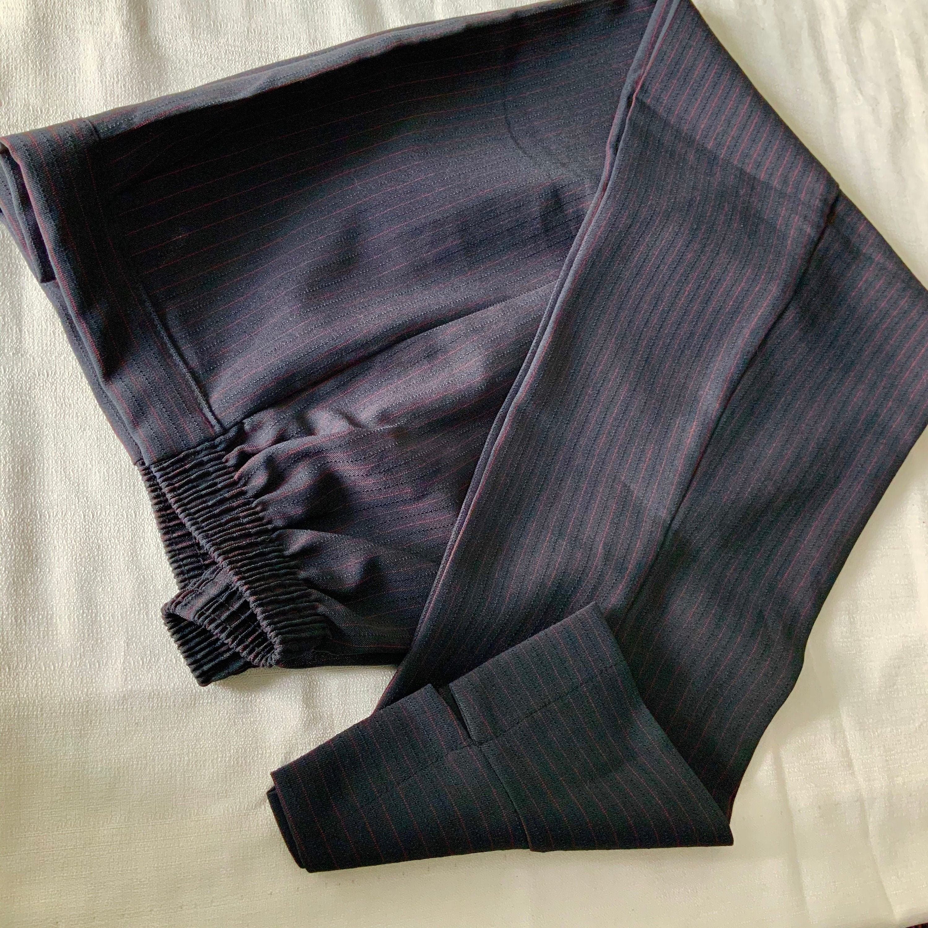 Image of Vintage Casual Pants Uk , Summer Weight Black With Red Pin Stripe, Polyester