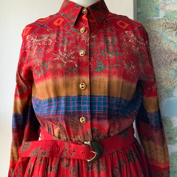 Vintage 80s UK 16 shirtdress by Cipriani. Red shi… - image 5