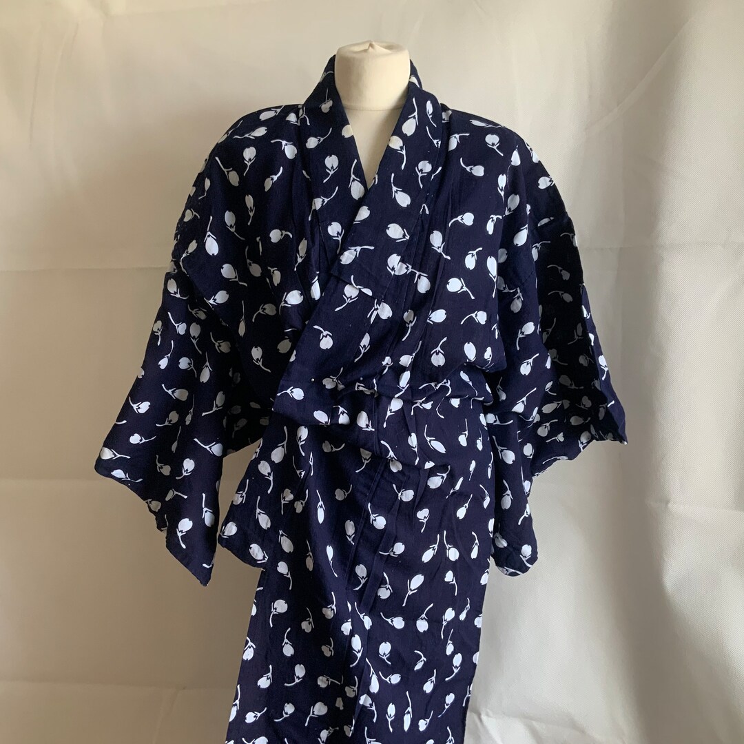 Vintage Japanese Yukata Kimono Bathrobe Navy and White Cotton - Etsy