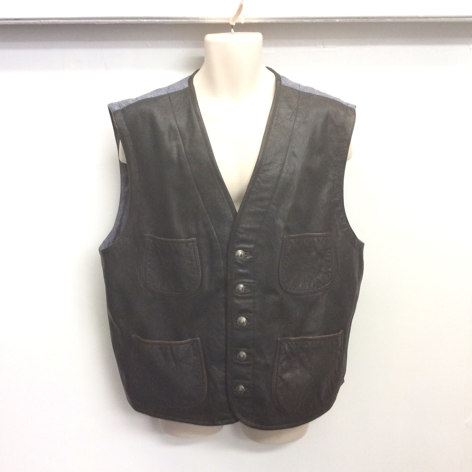 Image of Vintage Leather Fronted Waistcoat/Vest Chest 48 Inches 122 cm, Brown Waistcoat