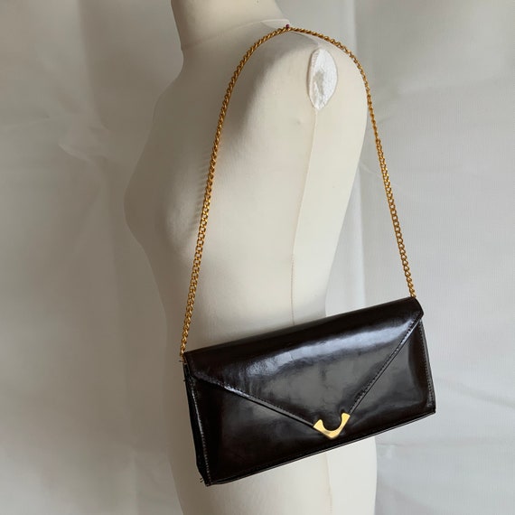 Vintage 70s Dark Brown Patent Leather Clutch Bag With Chain 