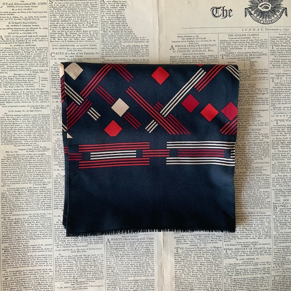 Vintage 1970s scooter scarf, black, red cream abstract, double sided.