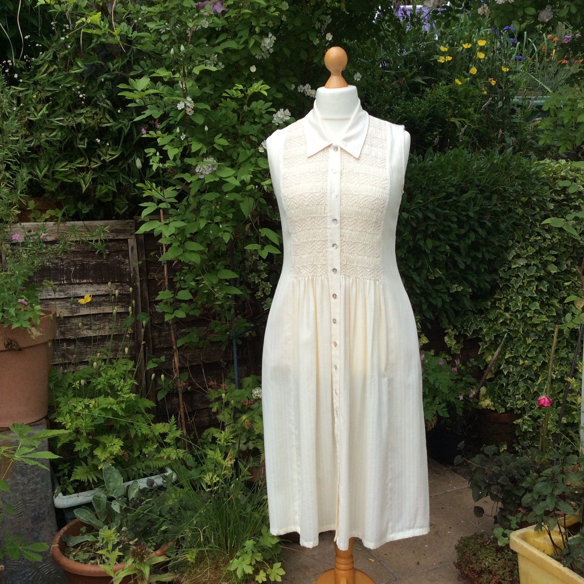 Image of Vintage Smock Dress Uk  Us  Eu , Cream Smocked M&s