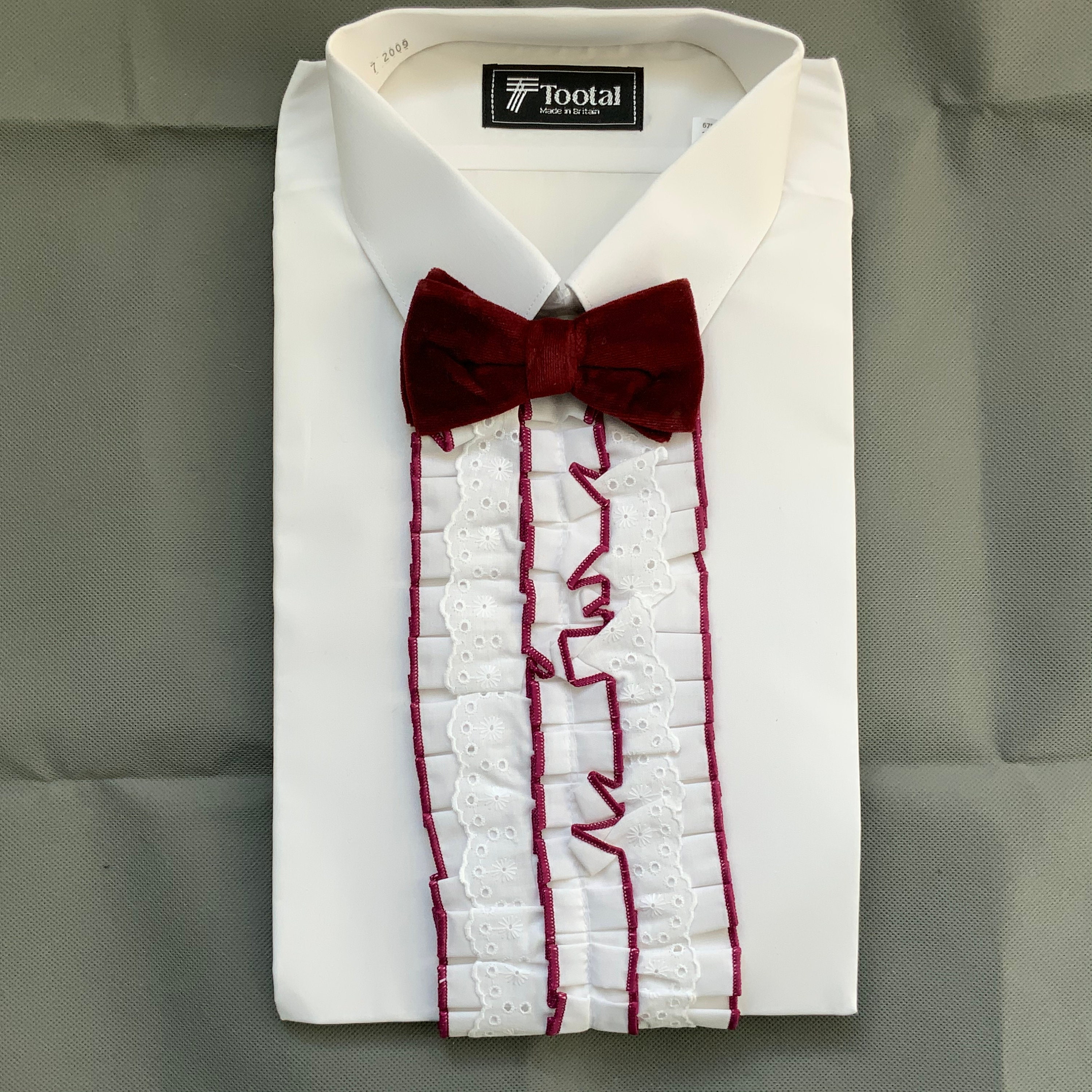 Image of Vintage Tootal 1970S Deadstock Dress Shirt 17" 43cm Collar, With Front Frill & Velvet Bow Tie