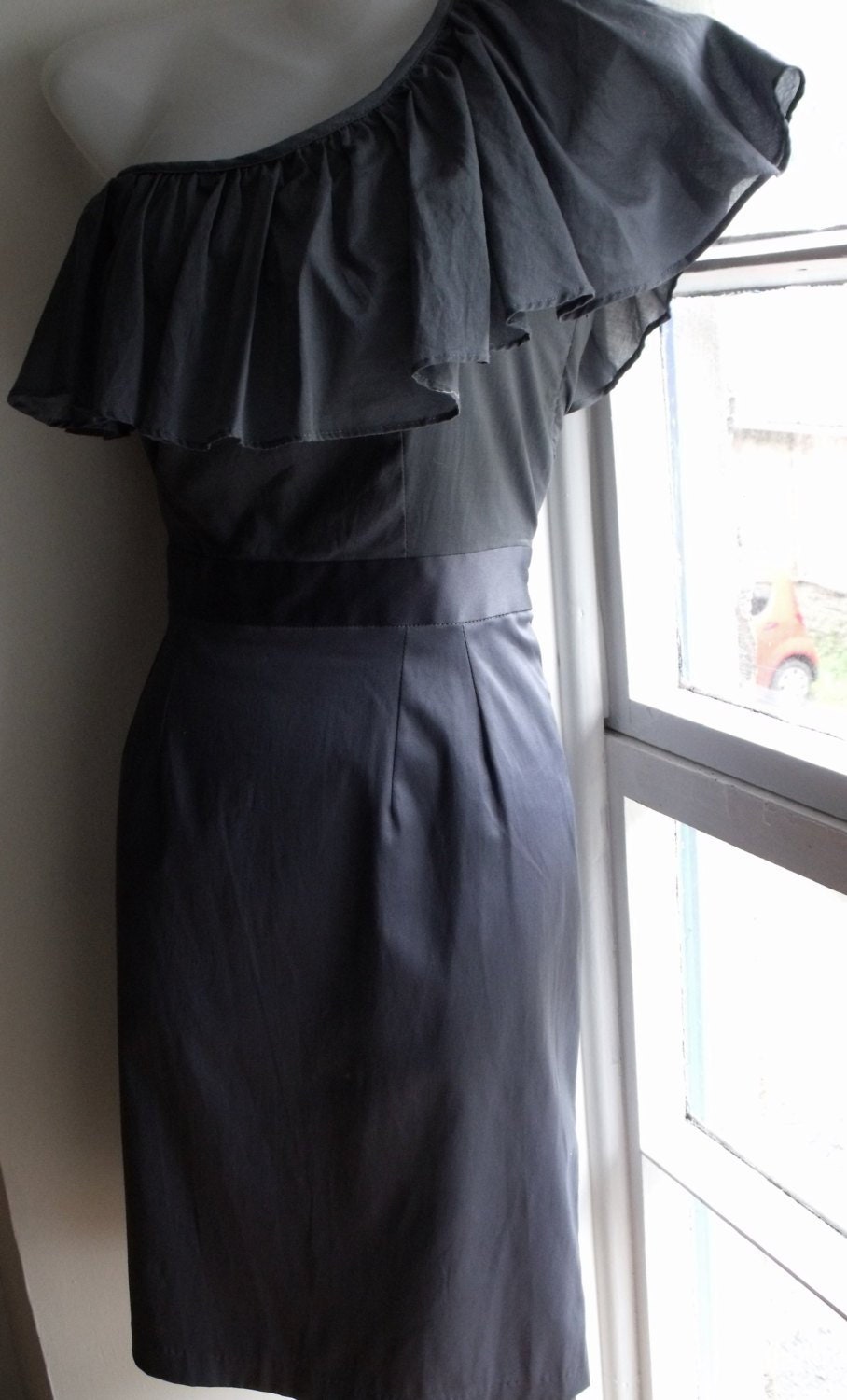 Image of Vintage Party Dress Uk  Us  Eur , Grey, One Shoulder Dress