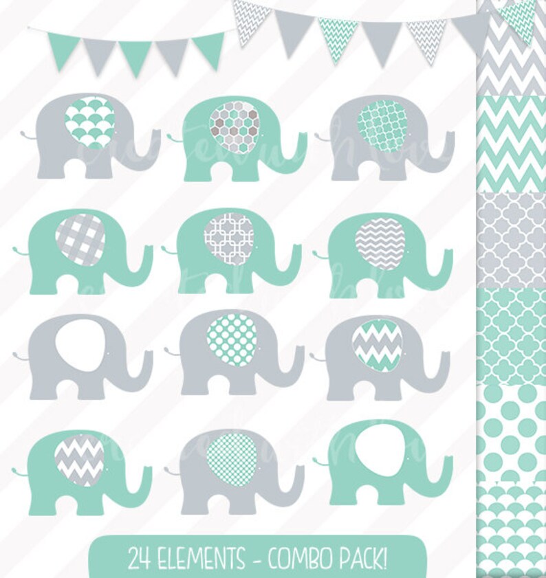 Mint and Grey Elephant Clip Art Combo Pack Commercial Use | Etsy