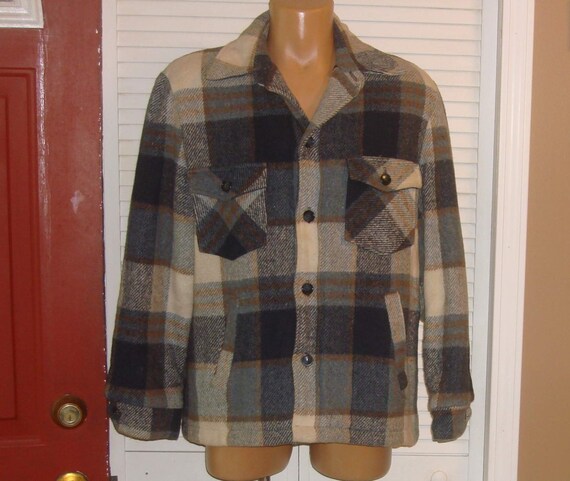 Vintage Sears Blue Plaid Wool Blend Mackinaw Shirt