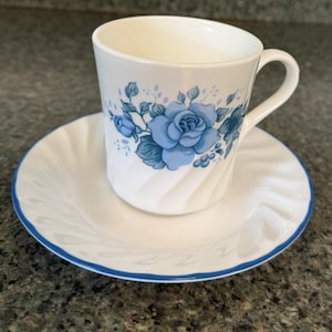Vintage Corelle by Corning Blue Velvet Rose Cups & Saucer - Set of 1 Cup with 1 Saucer (4 sets available)