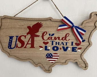 Wood USA Map with Patriotic Graphics