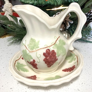 Vintage Handmade Hand Painted Ceramic Miniature Bowl and Pitcher Grape Motif