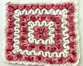 Handmade Crochet Hot Pad with Red/Pink/White Wavy Design