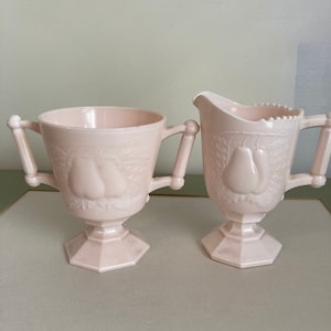 Vintage Pink Milk Glass Set, Jeannette Creamer and Sugar Bowl, Retro Decor, Glassware Gift, Collectible Item