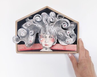 Paper Art Sculpture: “In The Head” Pop-Up Box, Ink Drawing