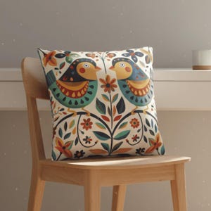 Scandinavian Pillow with Colorful Birds | Nordic Folk Art Cushion | Boho Decorative Throw Pillow