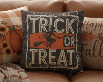 Vintage Halloween Pillow, Trick or Treat Witch Design in Orange and Black, Spooky Fall Home Decor