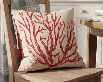 Red Coral Nautical Pillow , Coastal Ocean Cushion | Tropical Sea Inspired Home Decor