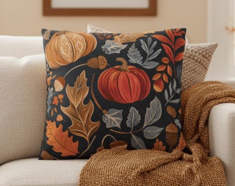 Autumn Pumpkin Decorative Pillow | Fall Cushion Cover with Vintage Leaf Pattern | Warm Seasonal Home Accent