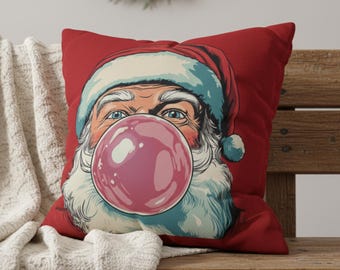 Funny Santa Christmas Pillow, Pop Art Holiday Cushion Cover with Pink Bubblegum, Modern Festive Home Decor