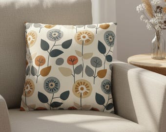 Floral Pillow Cover, Scandinavian Flower Cushion, Beige Blue Modern Deco