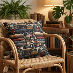 Book Pillow with Vintage Floral Books, Dark Cottagecore Pillow Cover, Book Lover Home Decor Cushion image 2
