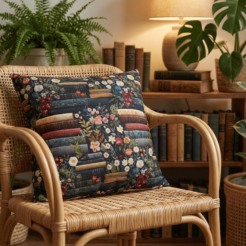 Book Pillow with Vintage Floral Books, Dark Cottagecore Pillow Cover, Book Lover Home Decor Cushion image 2