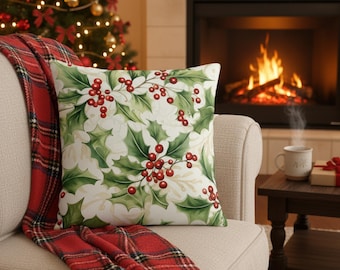 Christmas Pillow Cover, Holly Berry and Green Leaf Cushion, Holiday Throw Pillow for Festive Home Decor