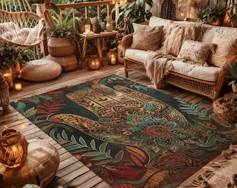 Boho Patio Rug with Hamsa Hand Design, Outdoor Waterproof Rug, Tribal Garden Decor, Bohemian Floor Carpet