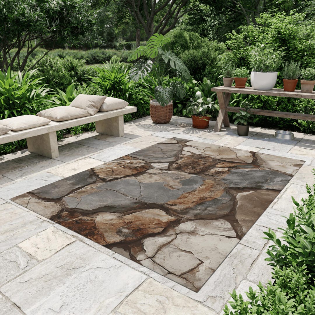 Realistic Stone Patio Rug | 3D Rock Floor Outdoor Rug | Rustic Natural ...