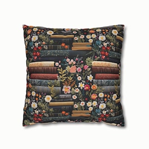 Book Pillow with Vintage Floral Books, Dark Cottagecore Pillow Cover, Book Lover Home Decor Cushion image 4