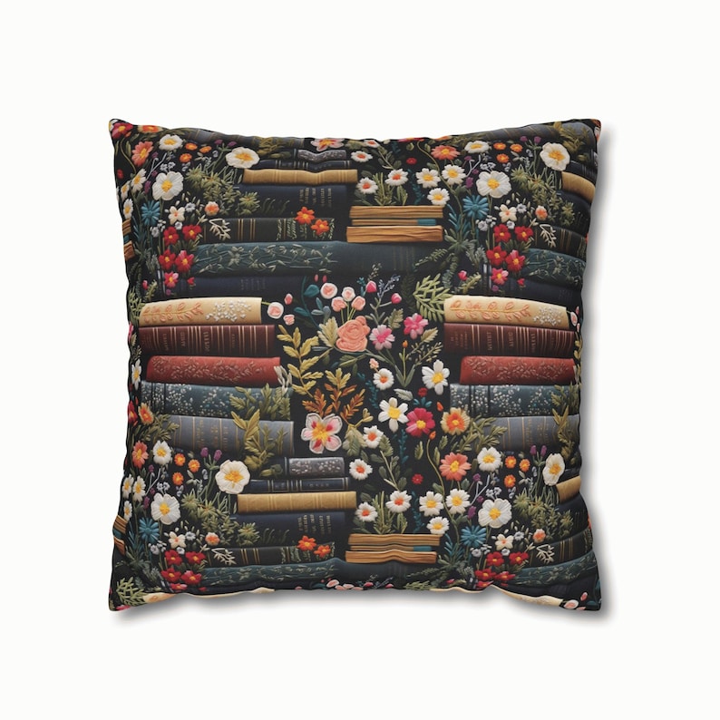 Book Pillow with Vintage Floral Books, Dark Cottagecore Pillow Cover, Book Lover Home Decor Cushion image 4
