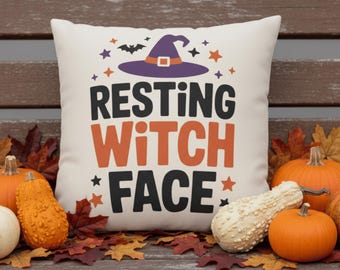 Resting Witch Face Pillow Cover, Funny Halloween Cushion with Purple Hat, Cozy Fall Accent