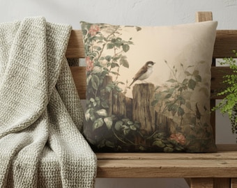 Bird Pillow Cover with Rustic Sparrow Design, Vintage Floral Cushion, Nature Inspired Home Decor