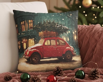 Christmas Pillow , Red Car Cushion, Festive Holiday Home Decor