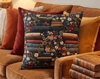 Cojín con diseño de libros con flores vintage, funda de almohada estilo cottagecore oscuro, cojín decorativo para amantes de los libros.