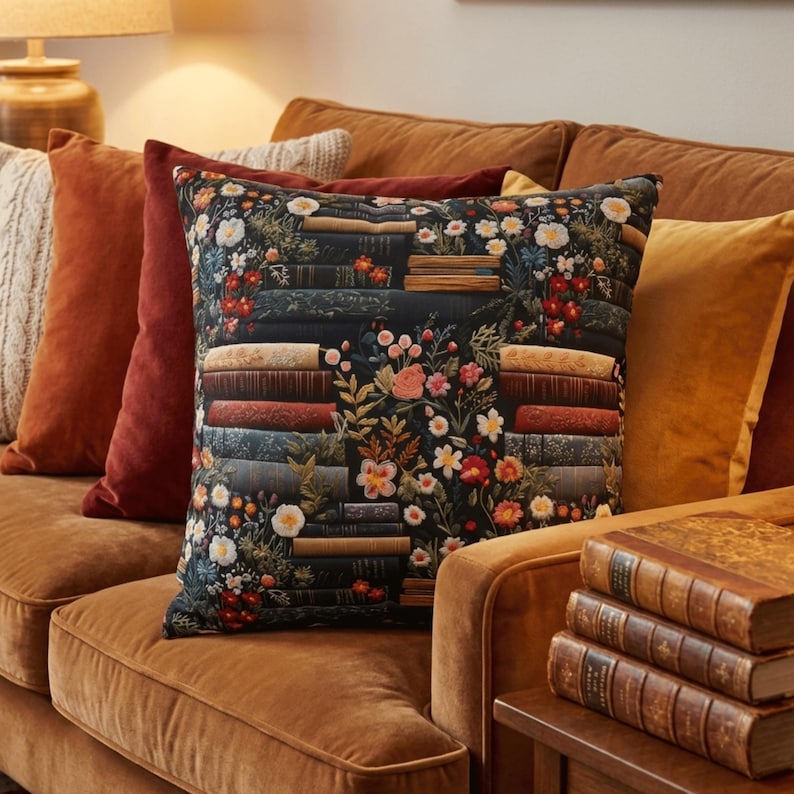 Book Pillow with Vintage Floral Books, Dark Cottagecore Pillow Cover, Book Lover Home Decor Cushion image 1