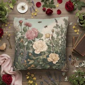 Floral Pillow Cover with Vintage Botanical Roses, Elegant Garden Cushion, Romantic Floral Decor