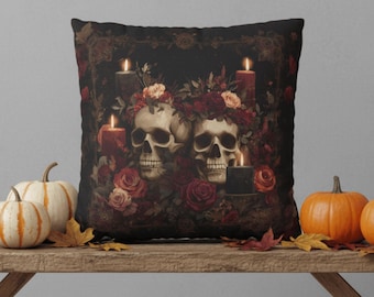 Gothic Halloween Pillow, Skull and Roses Candle Design in Dark Romantic Style , Spooky Fall Home Decor