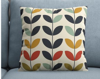 Scandinavian Pillow Cover | Modern Retro Leaf Print Cushion | Colorful Mid Century Decor