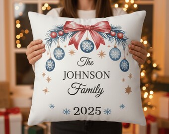 Personalized Christmas Pillow Cover in Red and Blue , Custom Family Name Holiday Cushion 14x14, 16x16, 18x18, 20x20