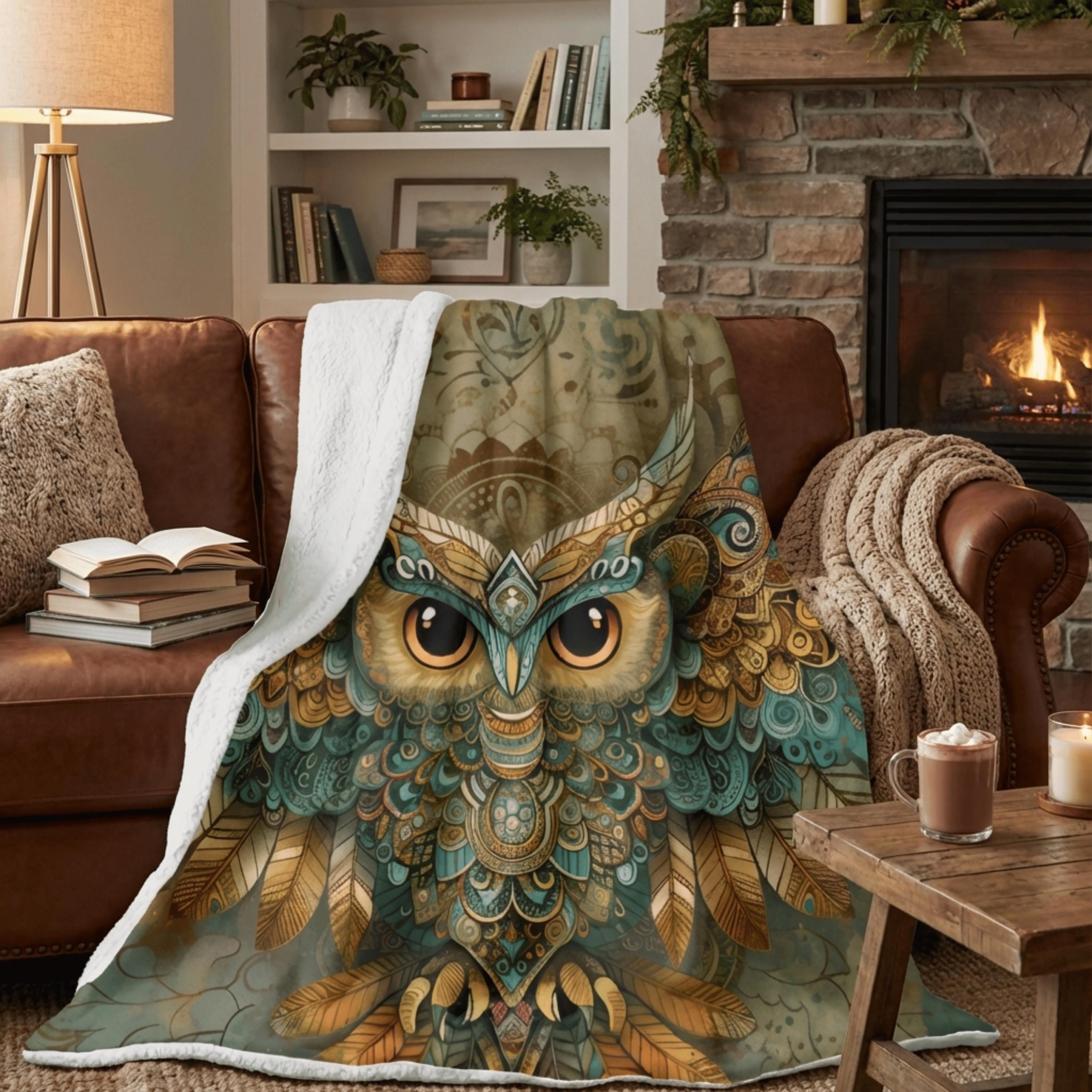 Boho Blanket with Owl Design, Teal and Gold Sherpa Fleece Throw, Cozy Tribal Bohemian Home Decor