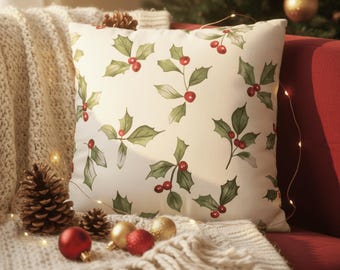 Christmas Pillow – Holly Berry Cushion – Festive Holiday Home Decor