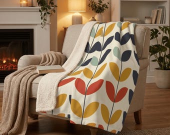 Scandinavian Retro Blanket | Modern Leaf Print Throw | Colorful Mid Century Home Decor