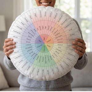 May include: A round, cream-colored pillow featuring a color-coded wheel of emotions. The wheel is divided into sections with words like "joyful," "sad," and "angry." The pillow is held by a person.