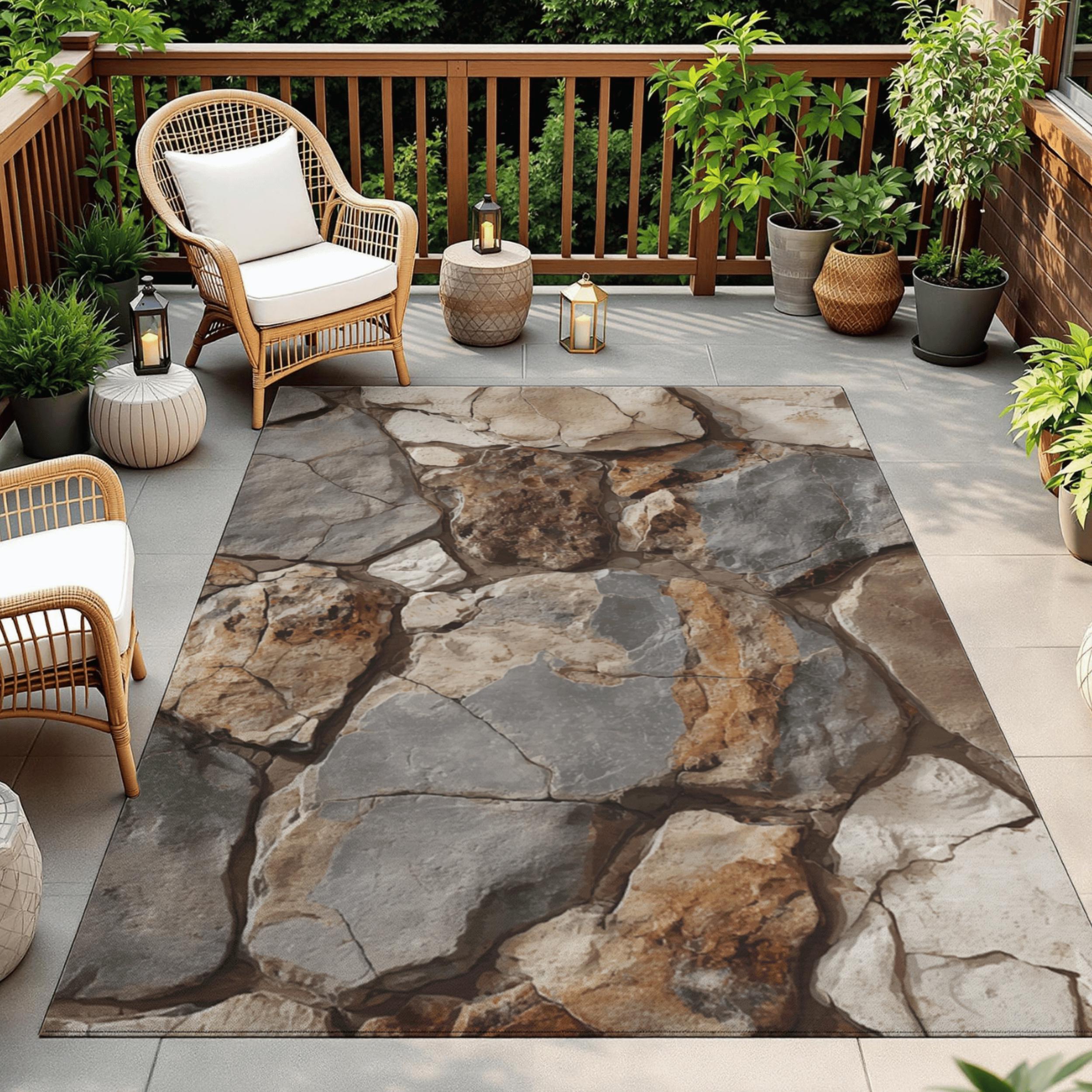 Rock Look Rug Realistic Stone Patio Rug | 3D Rock Floor Outdoor Rug | Rustic Natural ...